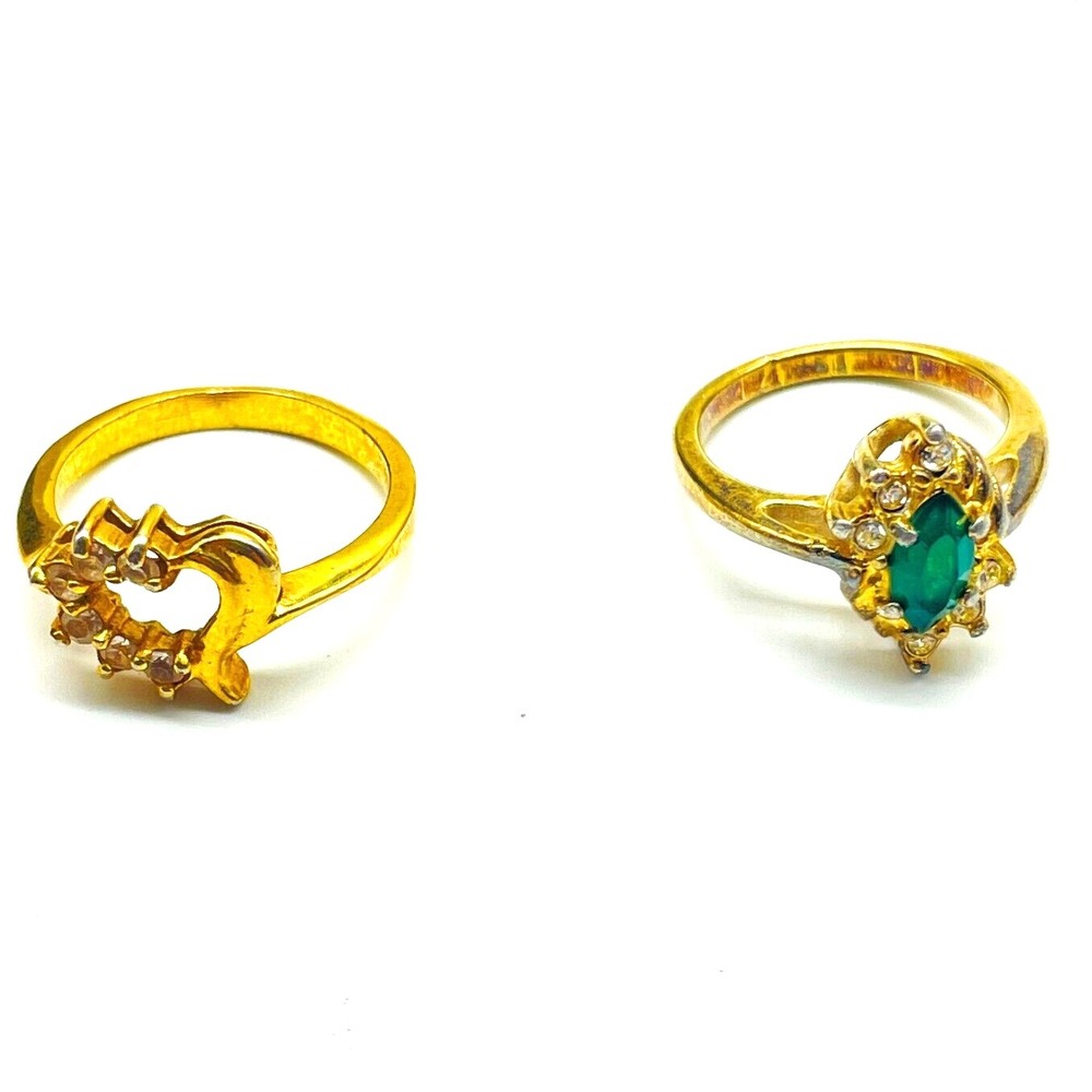 Vintage Gold Tone Cocktail Rings Lot of 2 Green Rhinestone and Open Heart
